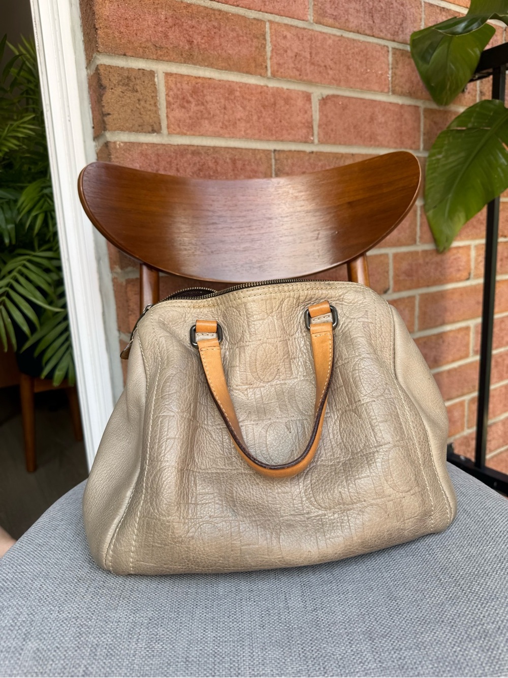 Carolina Herrera Taupe Pebbled Leather Satchel with Tan Handles